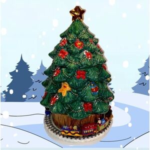 Treasure Craft Ceramic Christmas Tree Cookie Jar With Musical Wind Up Train